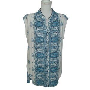 Vince Camuto Sleeveless Button Down Medallion Shirt Top Paisly Floral Blue Sz M